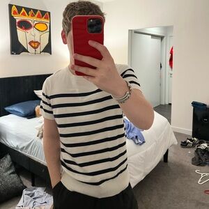 White and blue striped short sleeve knit shirt